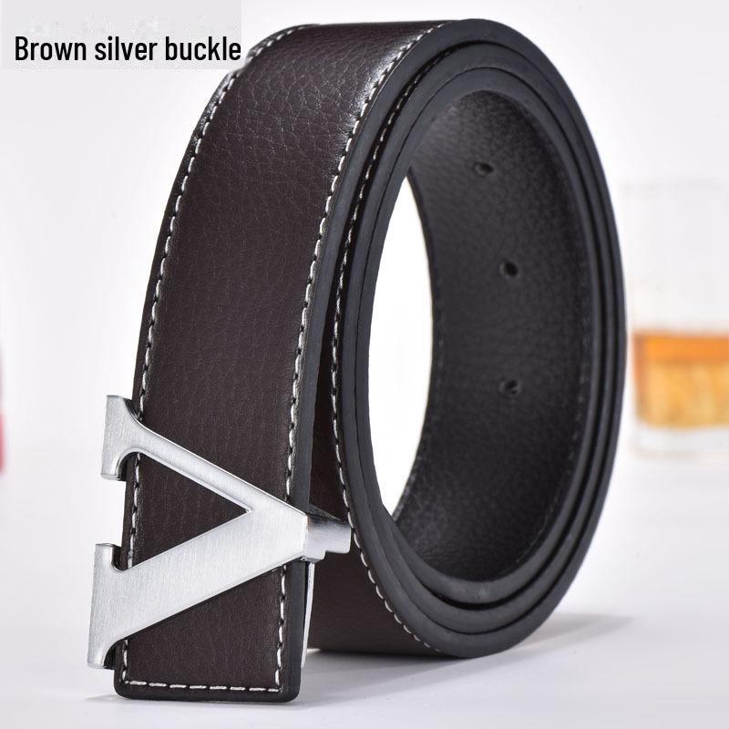 Men's Korean Style Genuine Leather Belt with Smooth V Buckle