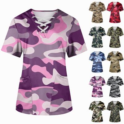 Плюс размерСкраб с принтом Рабочая форма Топы для женщин Крест V-образным вырезом Хэллоуин Принт с короткими рукавами Забавные футболки Спецодежда Футболка с карманами