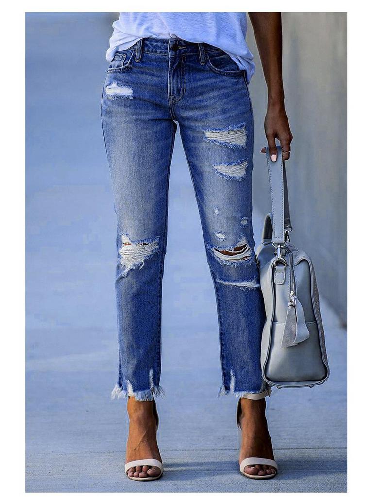 2025 Washed Ripped Tassel Skinny Stretch Jeans for Women - European & American Style