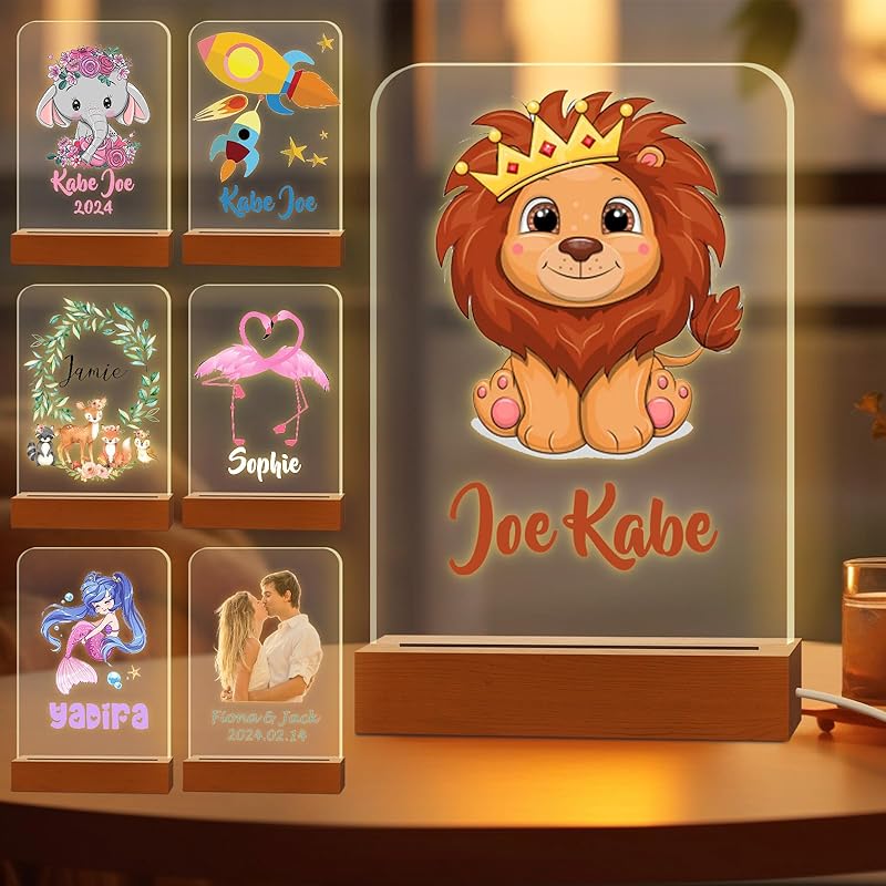 Персонализированный ночник для детей, выгравированное имя, акриловые светодиодные лампы с деревянной основой для детской спальни, декоративный ночник, индивидуальный день рождения
