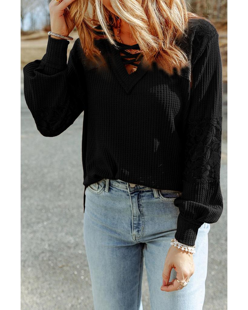 Azura Exchange Black Lace Waffle Patchwork Strappy V Neck Long Sleeve Top