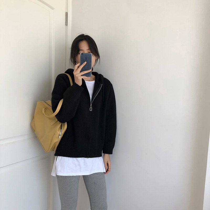 Harajuku однотонный вязаный кардиган женский корейский вариант свитер на молнии с капюшоном ленивый ветер свободные универсальные укороченные топы пальто