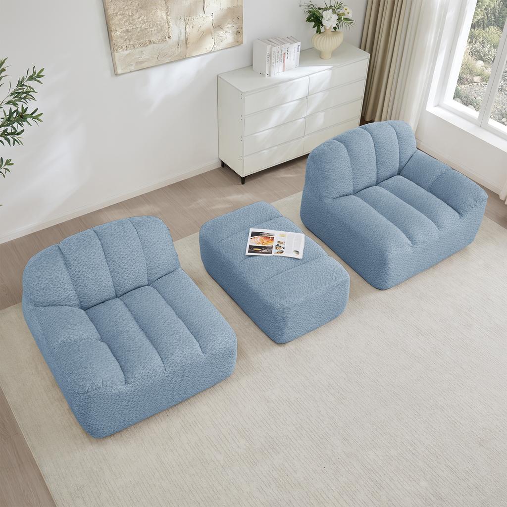 2-Seater L-Shaped Modular Boneless Sofa, Shell Shape, Deep Seat Cushions with 1 Ottoman, Sofa for Living Room, No Assembly Required, Blue