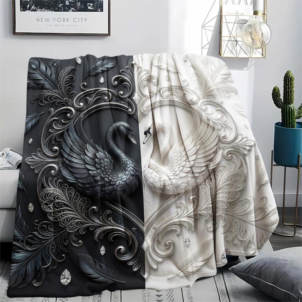 1Pc Black&White Swan Print Flannel Blanket, High quality Comfortable for All Seasons, Home Decor, Warmth and Comfort, Perfect for Christmas Gifts W33