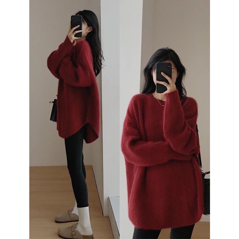 Korean Gentle Women Sweater Autumn and Winter Loose Solid Color Round Neck Mid Long Knit Sweater
