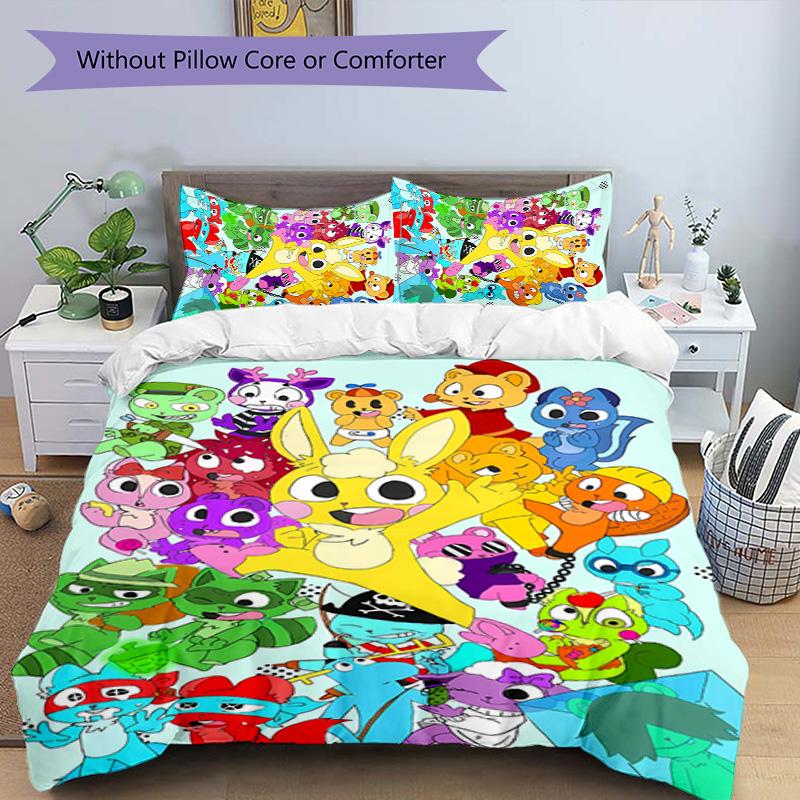 3pcs Happy Tree Friends pattern bedding set duvet cover set includes duvet cover &pillowcases, perfect all season bedroom decoration & gift