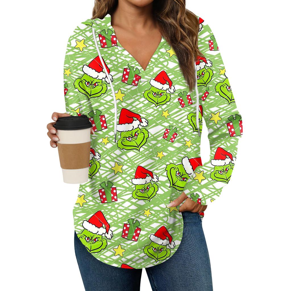Женские модные худи с V-образным вырезом, длинным рукавом, рождественским принтом, кулиской, повседневные, свободные, пуловерные топы