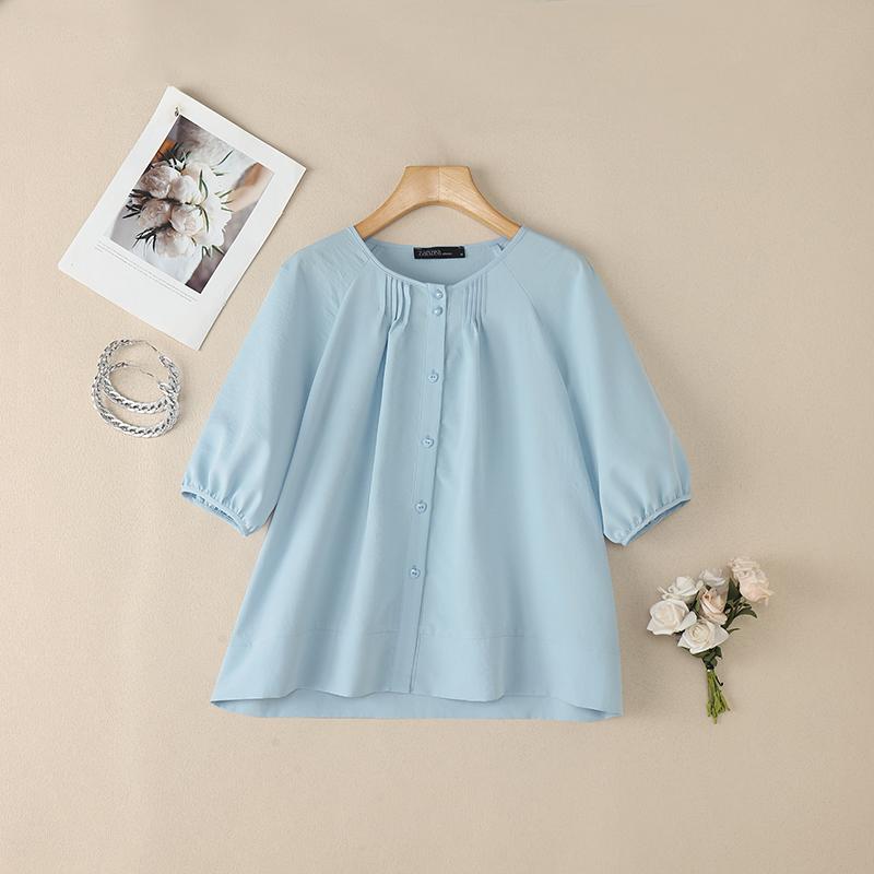 ZANZEA Женская повседневная свободная однотонная блузка с круглым вырезом и коротким рукавом