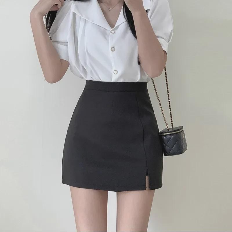 Women's Summer 2024 Slim Gray A-Line Skirt: High-Waisted Slit, Workwear Style, Knee-Length