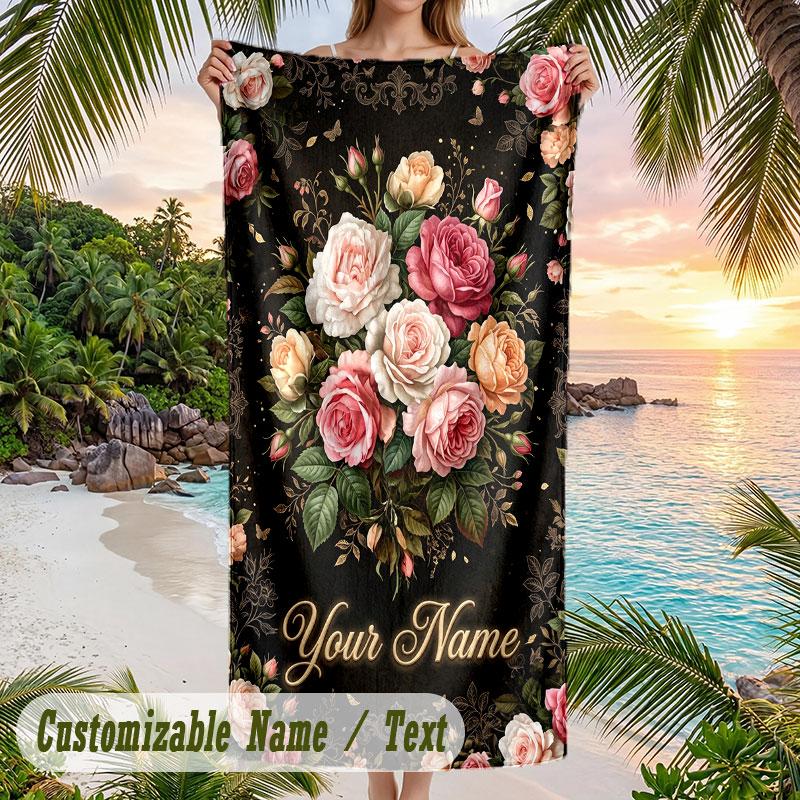 Floral Elegance 8 Theme Quick Dry Beach Towel Custom Name Text Print Large Sand Resistant Towel Beach Vacation