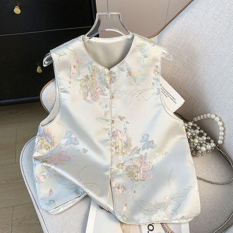 Внешняя пряжка маленький круглый вырез жаккардовый ретро золотой вышитый высококачественный жилет модный топ