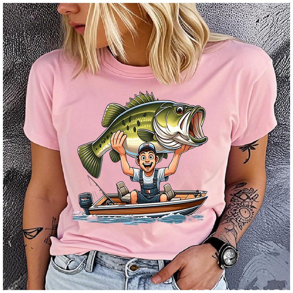 Women's Polyester 100% fish and fishing boat Print T-shirt Loose round Neck Casual Short Sleeve Fashion Top Clothing Summer