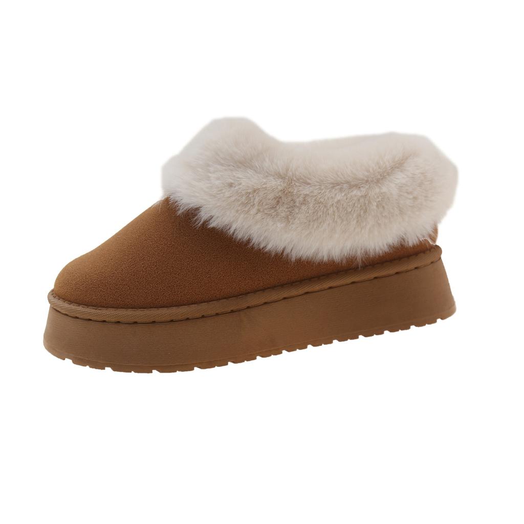 Модные роскошные женские зимние сапоги на толстой подошве с высоким каблуком, короткие меховые туфли для женщин, зимняя домашняя обувь из хлопка, замшевые тапочки без застежек