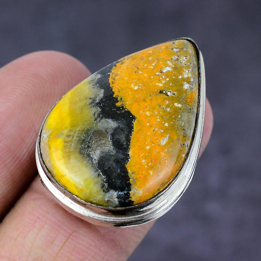 Кольцо из стерлингового серебра 925 пробы с натуральным драгоценным камнем шмельная яшма ручной работы, размер 6 R8B70