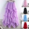 Women Cake Skirt Mid-rise Elastic Waist Irregular Hem Midi Skirt Solid Color Mesh Swing Long Skirt Daily Wear