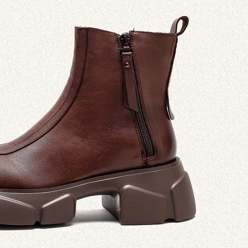 Johnature Ботинки из натуральной кожи на толстом каблуке, женские однотонные туфли с круглым носком в стиле ретро, ​​ботильоны на толстой подошве