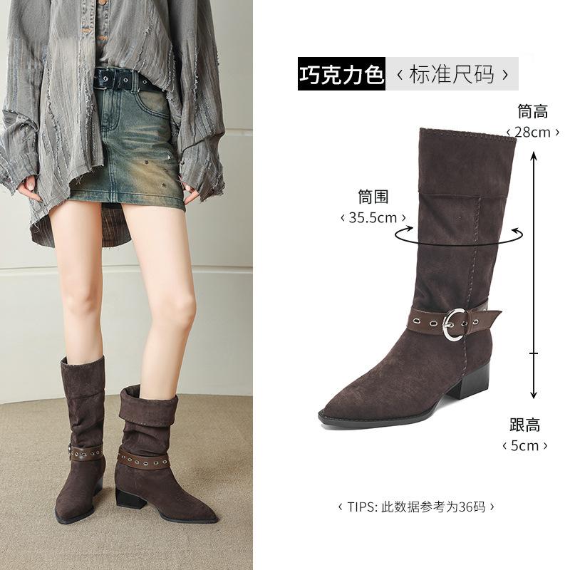 Augustine pointed western cowboy boots women's 2025 new retro maillard style brown long tube knight boots