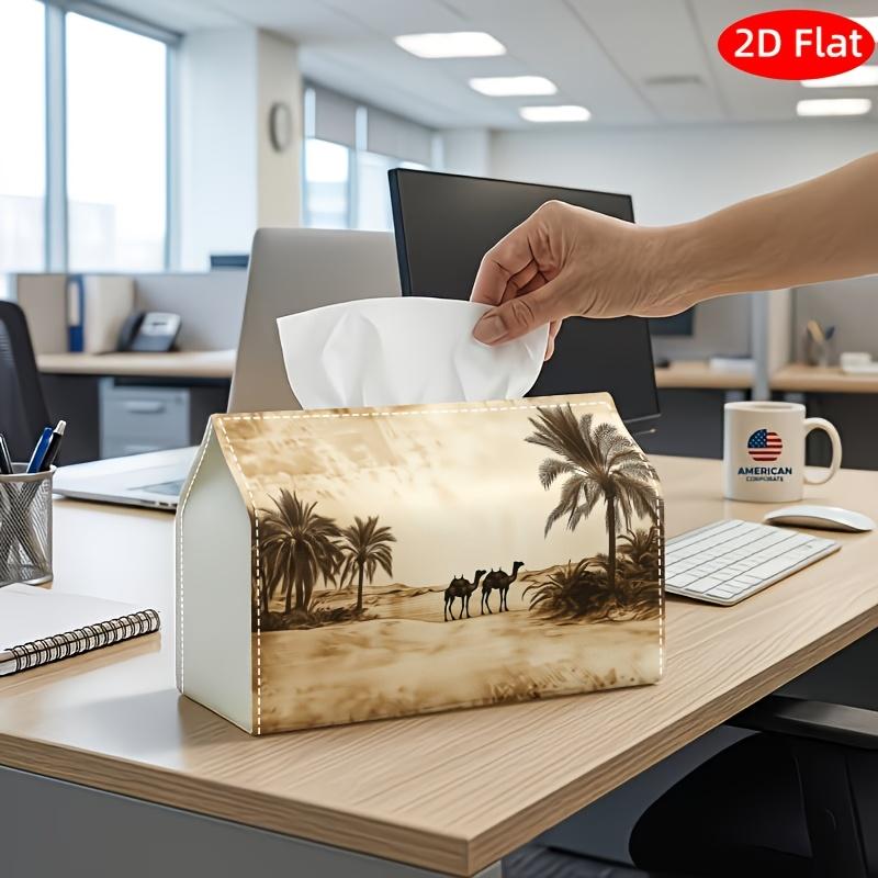 2D Flat, 1pc Tissue Box, Printed on Both Sides, Desert Landscape Tissue Box Camel Palm Trees Print Durable Fabric for Room Bedroom for Home Party Deco