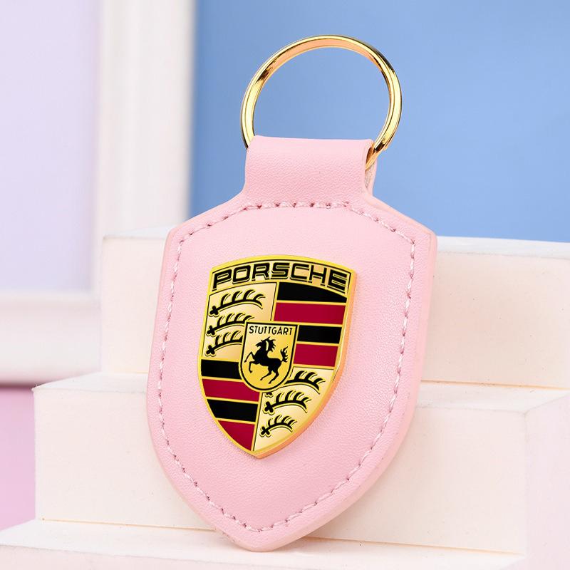 Car Leather Keychain Holder Shield Key Ring Chain Pendant Gifts For Porsche Macan 911 718 Taycan Panamera Cayenne Boxster Cayman
