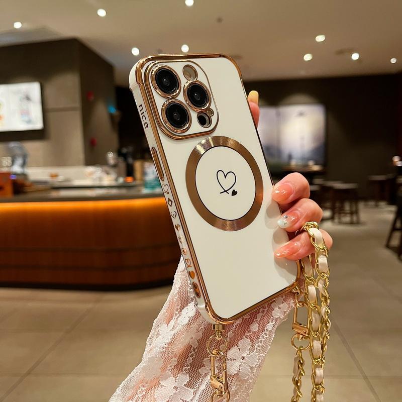 Для iPhone 17 16 Pro 15 14 Pro Max 13 Samsung S25 S24 Ultra S23 FE S22 S21 Чехол с гальваническим покрытием в виде сердца любви Для Magsafe Магнитный чехол для телефона с веревкой через плечо