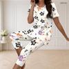 Women Plus Size White Halloween Printed Round Neck Short Sleeve Top Capri Pants Two Piece Pajama Set