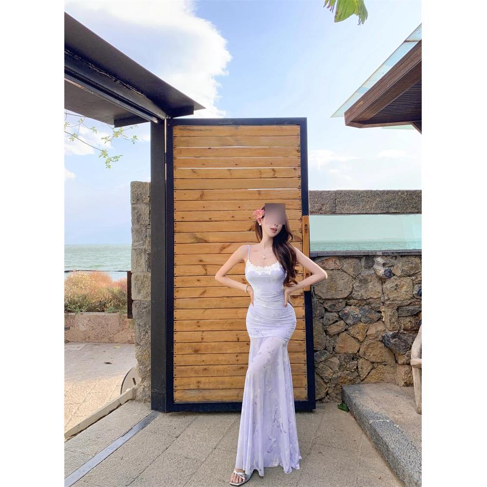 Синее кружевное сетчатое платье на подтяжках женское летнее для морского отдыха красивое красивое платье-русалка с бедрами