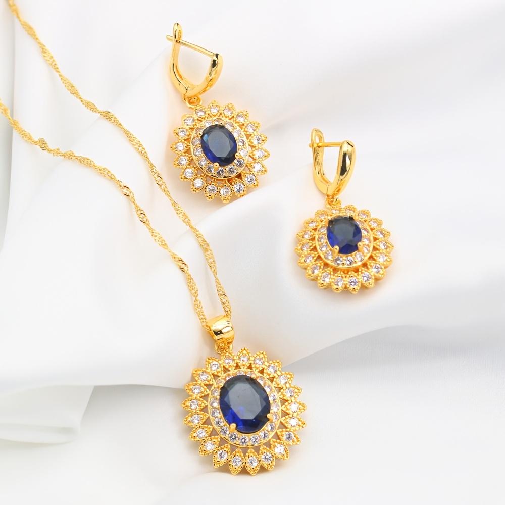 3Shiny blue gemstone synthetic zircon wedding jewelry set with sunflower design, includes earrings and necklace set, elegant and personalized