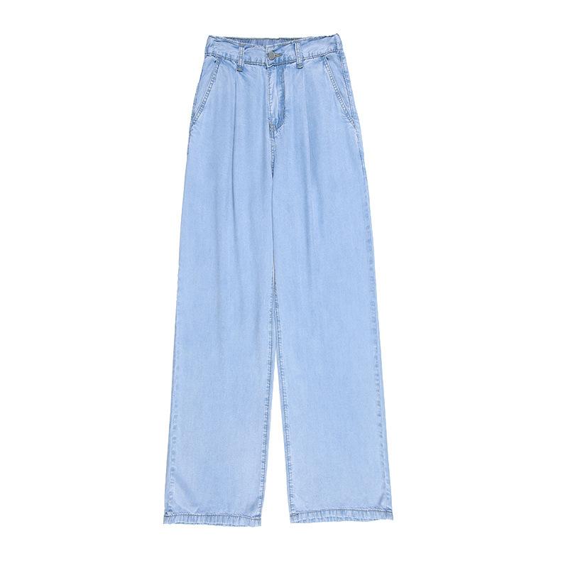 High-waisted Wide-leg Imitation Tennis Jeans for Women's Summer Clothes, Thin Draped Style Loose Ice Silk Straight Trousers