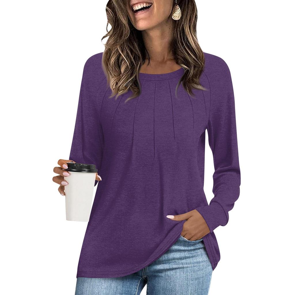 Женская модная повседневная плиссированная футболка с круглым вырезом и длинным рукавом, однотонная футболка, удобный топ