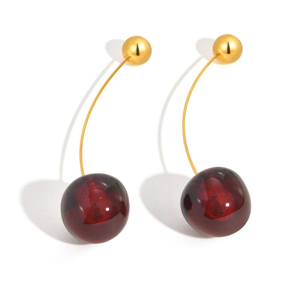 Unique Red Solid Cherry Dangle Earrings for Women, Gold Plated Stainless Steel Fruit Pendant Earrings, Trendy Party Jewelry