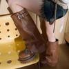 Women High Boots Platform Chunky Fad Buckle Leather Mid Heels Shoes 2025 Trend Designer Knee High Mortorcycle Winter Botas Mujer