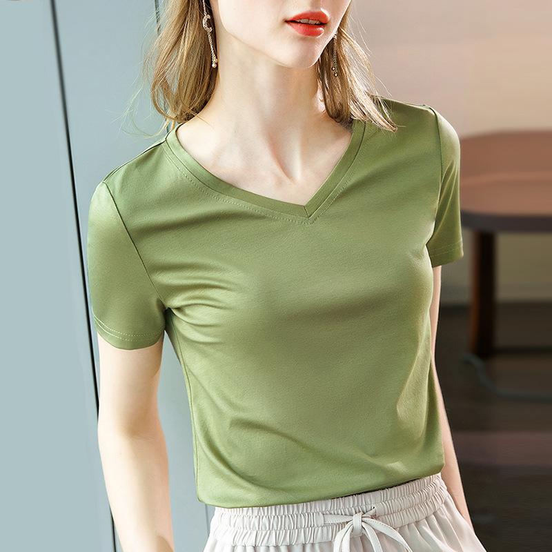 Футболка из хлопка с короткими рукавами, женская новая женская одежда, темпераментная футболка с V-образным вырезом из чистого хлопка, однотонный топ высокого класса