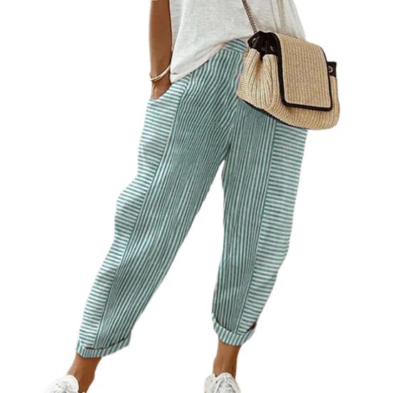 Women Casual Pants Elastic Waist Mid-rise Summer Jacquard Long Pants with Pockets Striped Print Loose Fit Trousers