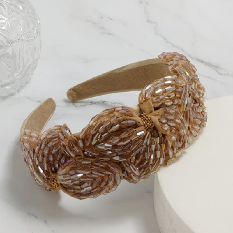 ЛALA Повязка для волос с вышивкой бисером - Бежевая