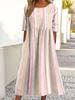 Пасторальное многоцветное свободное платье-трапеция длиной до середины икры, с рукавами три четверти, скрывающими полноту, из тонкого хлопка и льна, с круглым вырезом, средней и большой длины
