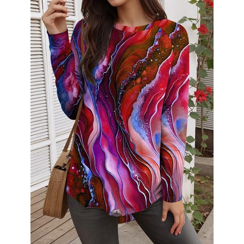 Autumn Fashion Women's Graphic Geometric Abstract O-Neck Long Sleeve T-Shirt Y2K Casual Tops Womens Clothing Harajuku Pullover
