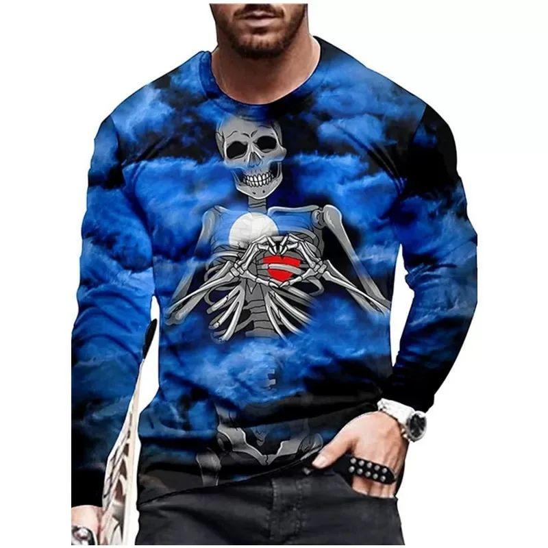 Spring and Autumn Horror Skull Pattern 3d Printed O-Collar Long Sleeve Loose Vintage Printed Men's T-shirts