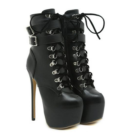 Winter 2024 Women's Mid-Calf High Heel Boots: Large Size, Lace-Up with Metal Buckle, European & American Fashion.