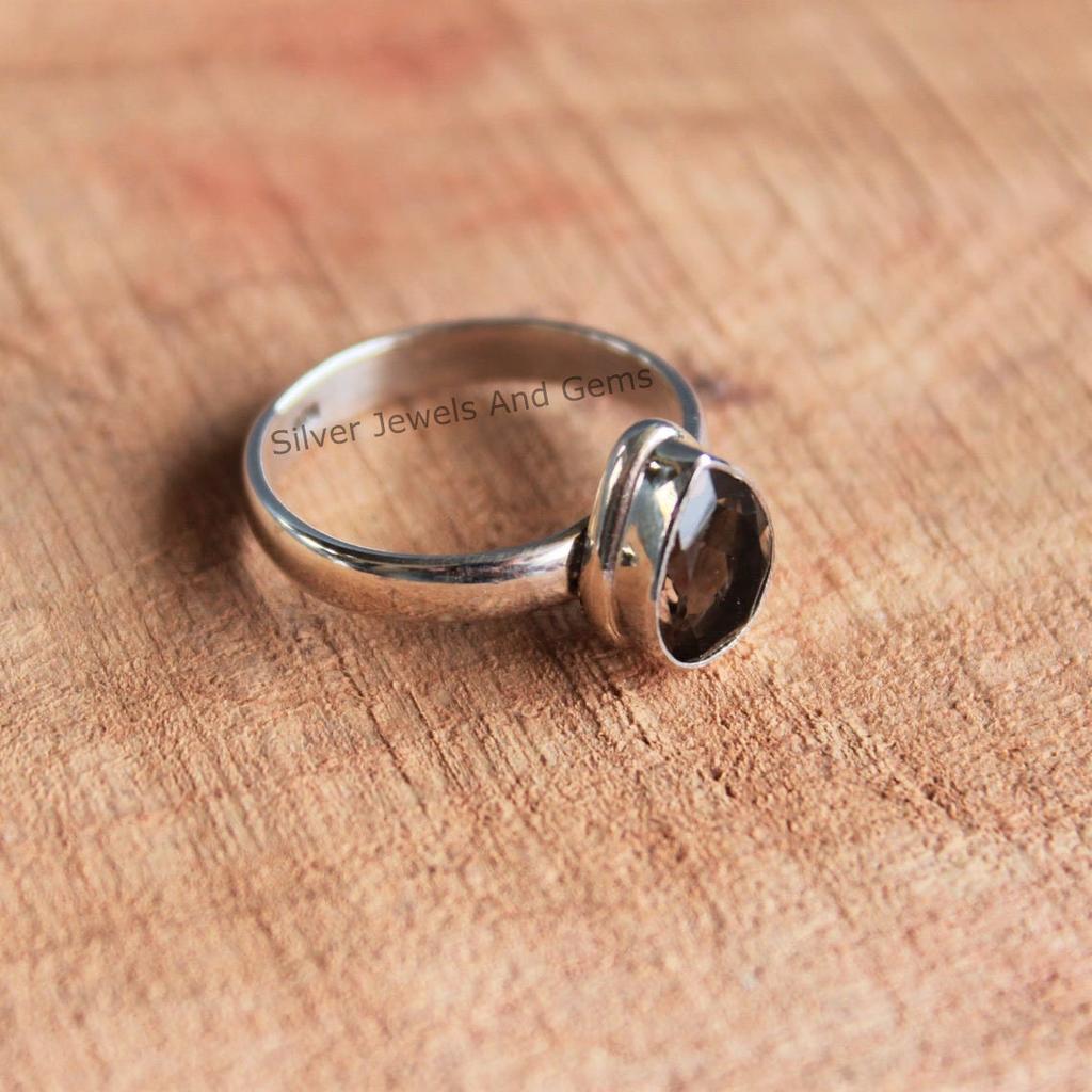 Teardrop Smoky Quartz Ring: Minimalist Sterling Silver Ring, Capricorn Birthstone