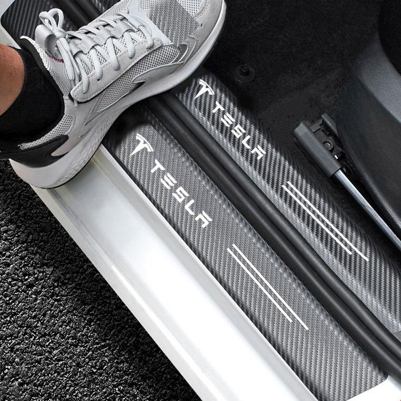 SGJPH1 Car Door Sill Carbon Fiber Sticker Threshold Side Anti Scratch Tape Waterproof Decal For Tesla Model 3 Model X Model S Model Y