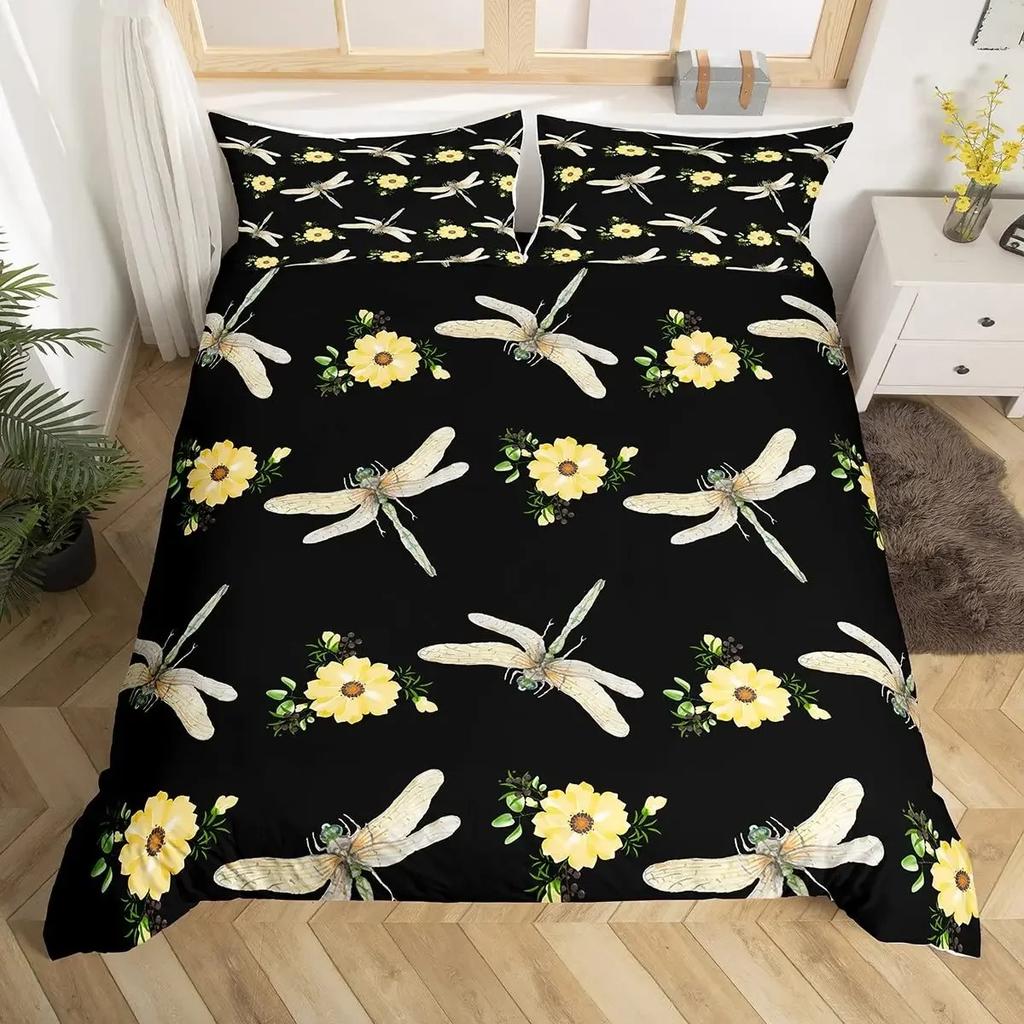 Пододеяльник Boho Dragonfly King Queen с милым цветочным принтом и сердечком из полиэстера в деревенском стиле с акварельными цветами