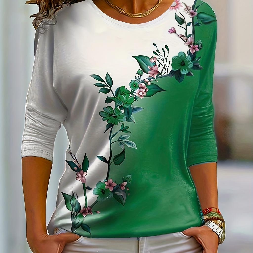 Футболка с длинным рукавом и цветочным принтом Colorblock с круглым вырезом, повседневная одежда для весны и осени, женская одежда
