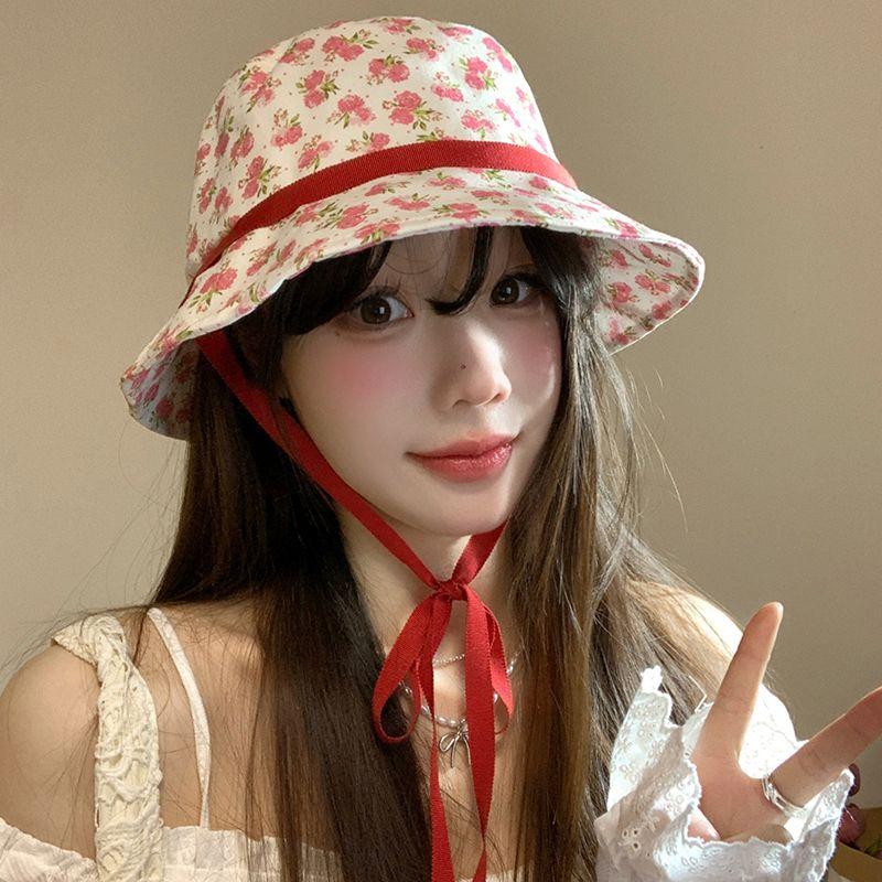 Female Floral Tie Fisherman Hat Spring and Summer Bucket Hat Large Brim Sun Shading and Sun Protection