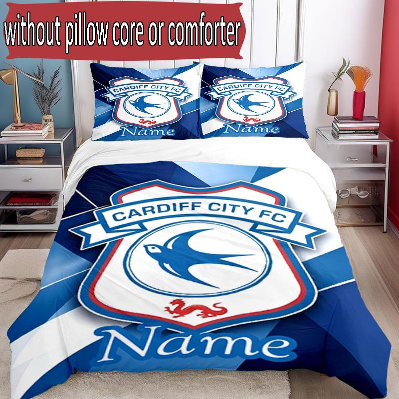 3pcs Duvet Cover Set (1*Duvet Cover + 2*Pillowcase, Without Core), Custom Name Cardiff City FC Pattern Bedding Set, Home Bedroom Decor Gift