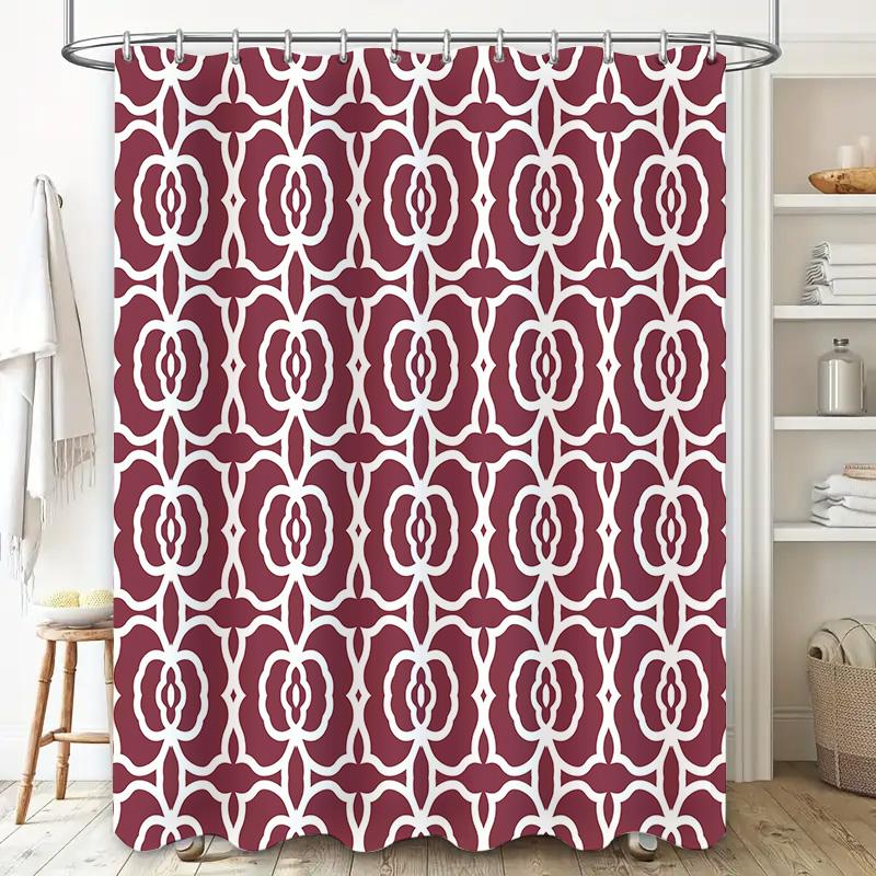 Red and white geometric shower curtain decor with patterned design for bathroom home kitchen accessories set includes hooks (24x