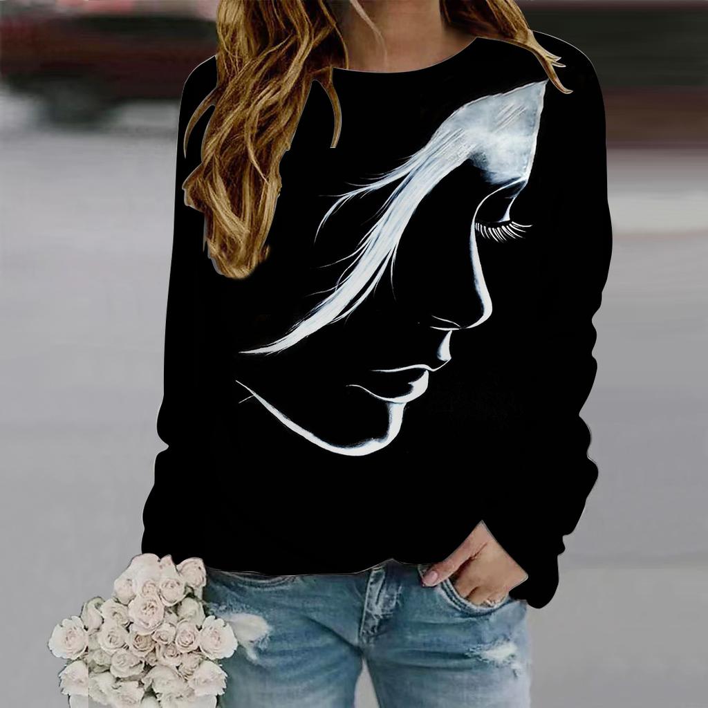 Fall Autumn Women'S Fashion O Neck Long Sleeve T-Shirt Loose Clothes Face Recognition Print T Shirt