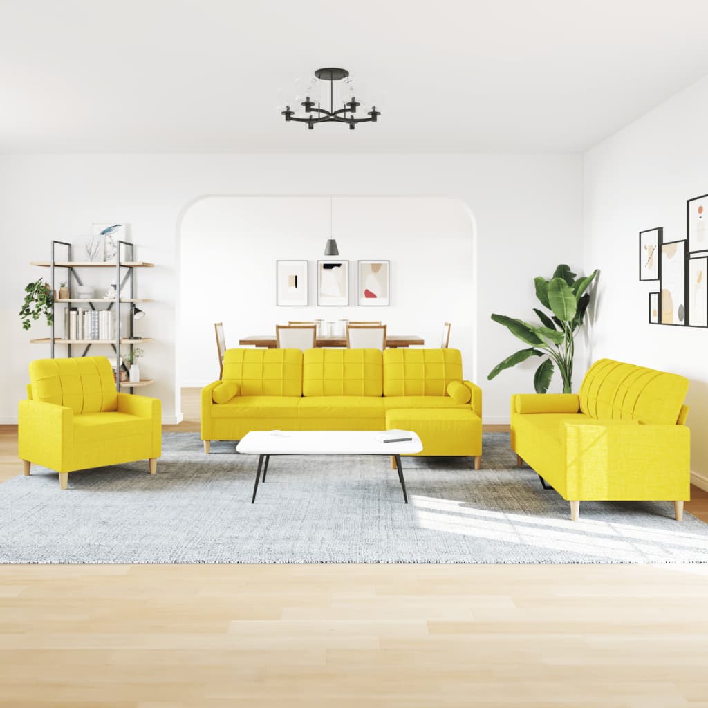 4 Piece Sofa Set with Footstool and Decorative Cushions Light Yellow Fabric