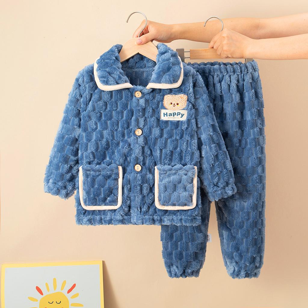 Детские осенне-зимние мягкие фланелевые теплые пижамные комплекты, детская мультяшная пижама с принтом медведя, пальто и брюки, пижама для мальчиков и девочек, повседневная одежда для сна
