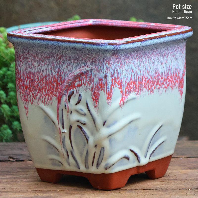 Yixing Handmade Square Mouth Coarse Pottery Planter - Large Succulent Flower Pot with Old Branch Design and Jade Pendant.