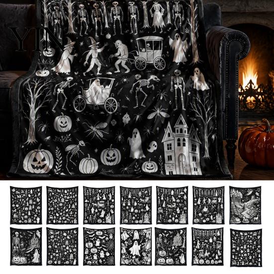 Customizable Velvet Art Blanket Halloween DIY Coloring Blanket, Throw with Ghost Patterns, Color Your Washable Own Cozy for Adults And Kids,